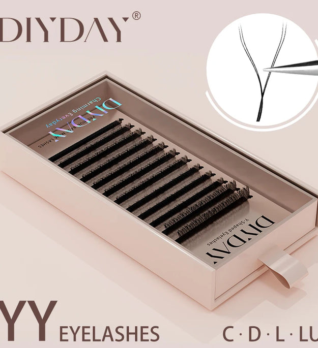 DIYDAY YY Shape Eyelash Extensions C D L LU Curl Brown Lashes Natural Soft Premade Volume Fans Two Tips Y-Shaped False Eyelashes