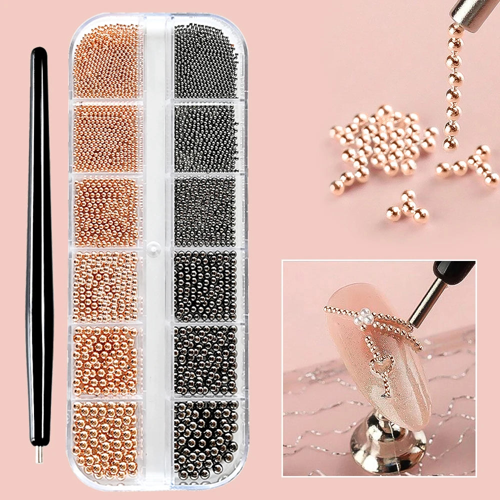 12Grids Mini Caviar Beads Nail Art Decorations Metal Gold/Silver Micro Ball Nail Charms Magnetic Pen 0.5~3mm Ball Nail Jewelry