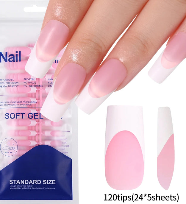 120Pcs Medium Long Square Acrylic French Fake Nails Full Cover Wearable French Press on Nails for Women Mixed Size False Nails