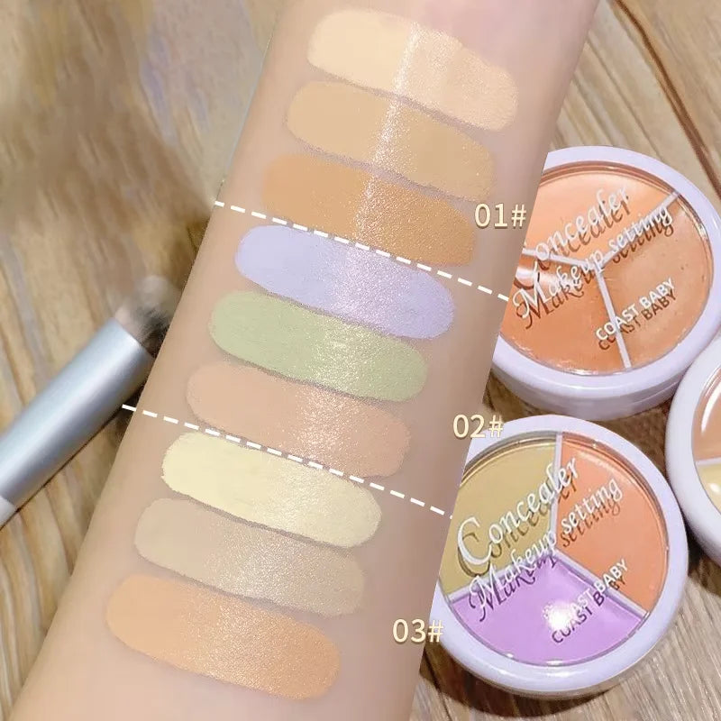 3 Color Concealer Waterproof Long Lasting Foundation Palette Full Coverage Dark Eye Circles Acne Marks Pores Brighten Skin Tone - BlissFully