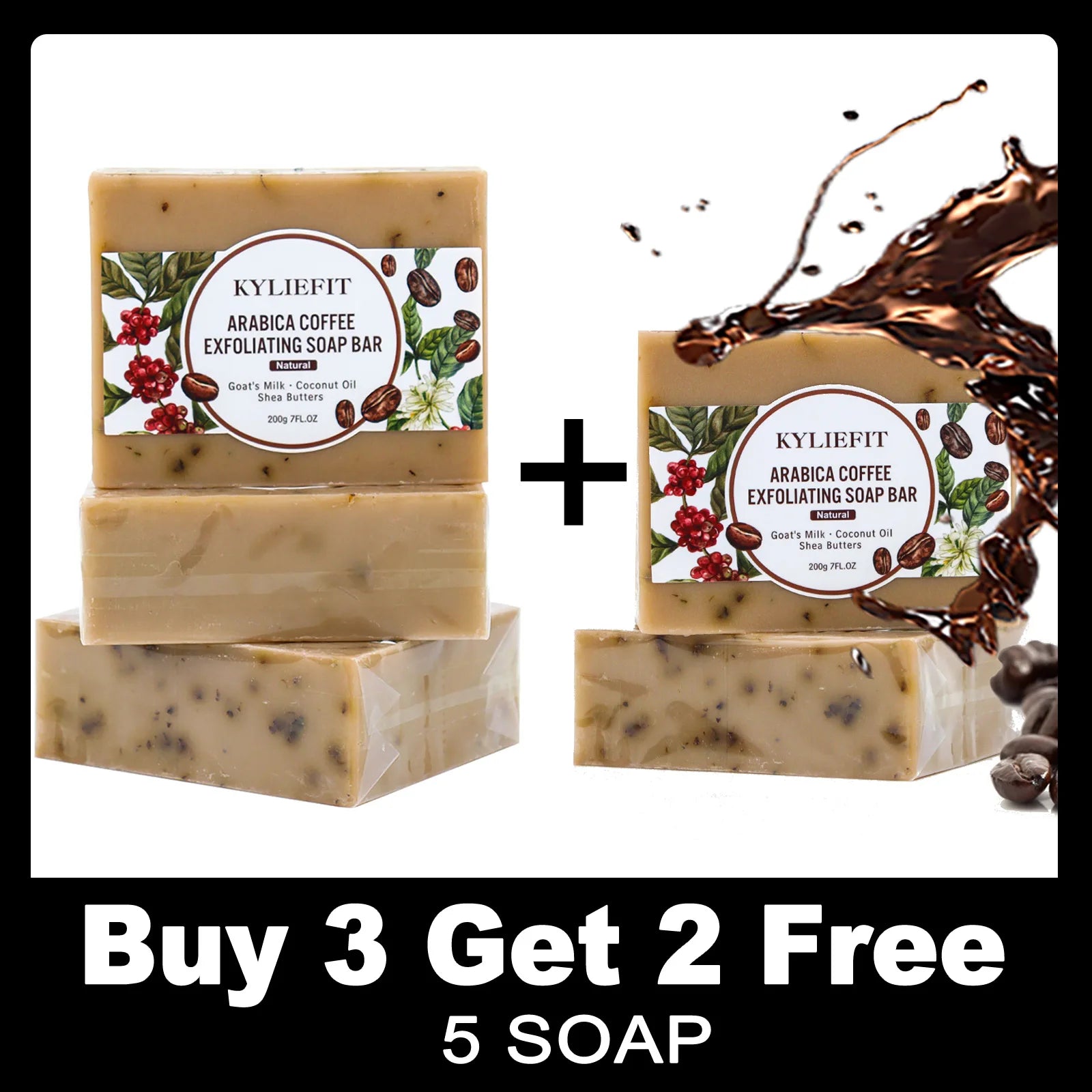 Arabica Coffee Exfoliating Soap, Whitening, Clean Skin, Reduce Dark Spots, Enriched with Coconut Oil, Shea Butter, 200g/7 oz