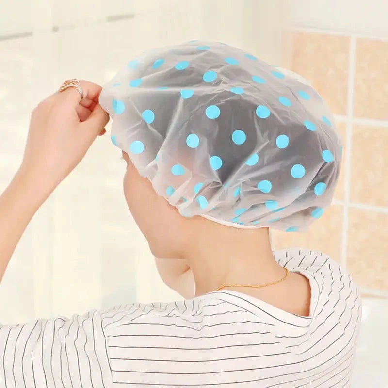 Waterproof Shower Cap Polka Dot Style Bath Hat Reusable Elastic Band Hair Caps Spa Hair Salon Supplies Bathroom Accessories