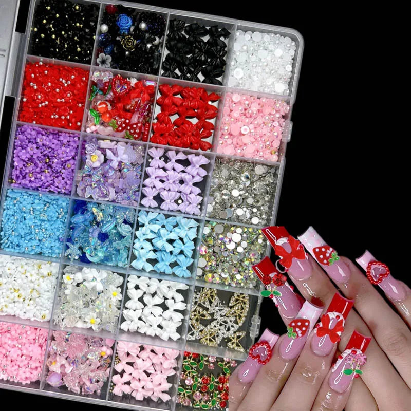 Mixed Nail Art Charms Set with Ribbons, Bows, Flowers, Cherry, Strawberry & Metal Butterflies - DIY Nail Decorations Accessories