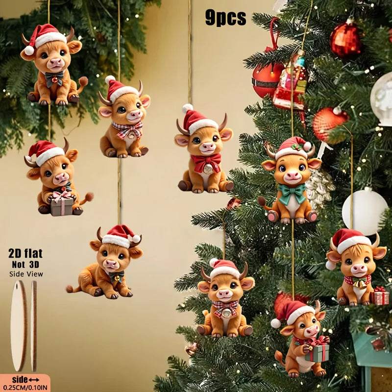 9pcs Wooden Highland Cow Christmas Tree Decoratio with Expressive Eyes and Wear Red and White Bells Xmas Hat 2D Festival Pendant