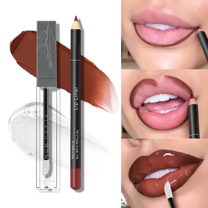 Hydrating Lip Makeup Duo Set -Infused Lip Liner & Transparent Lip Oil - Versatile, Long-Lasting Lip Contouring Paste Kit