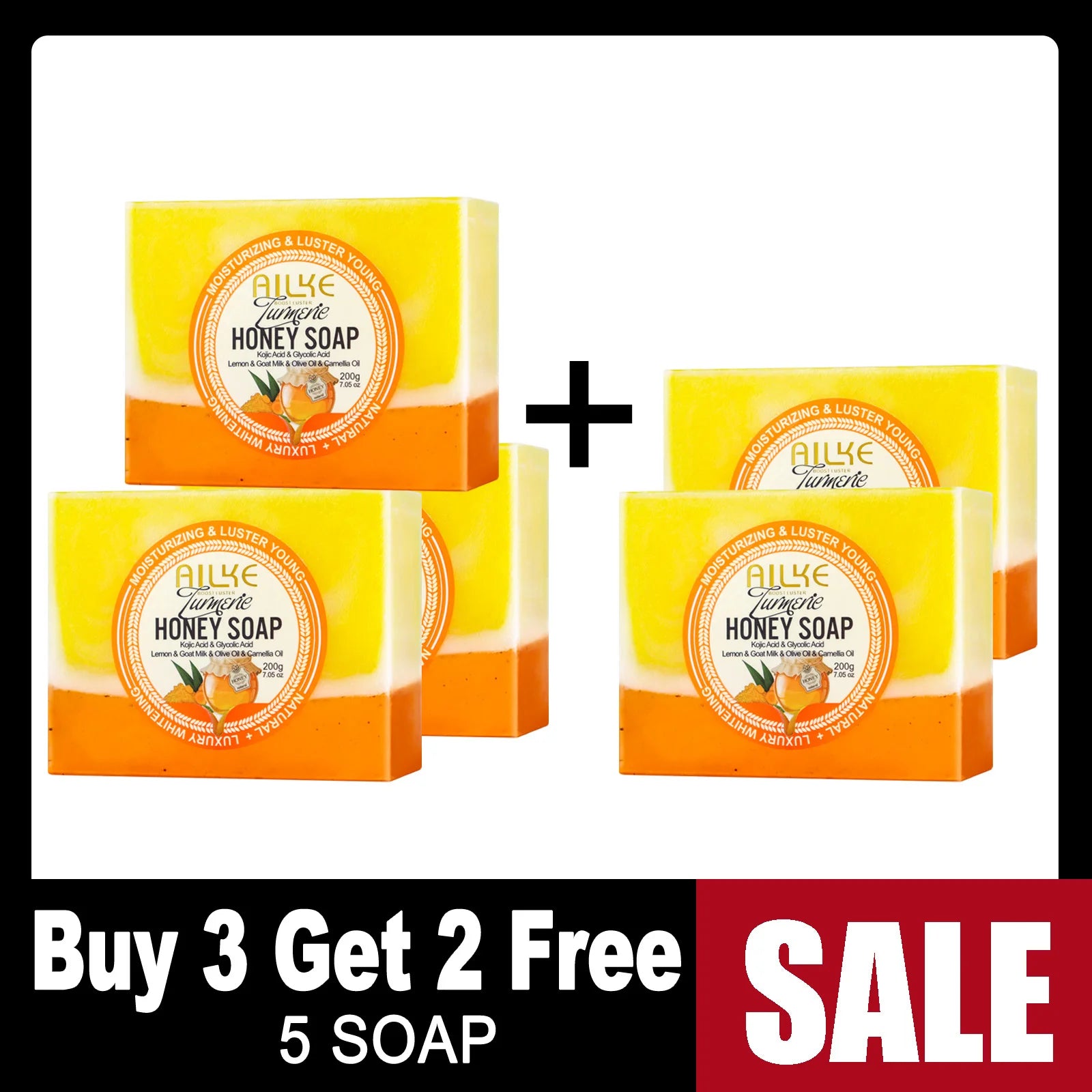 AILKE Natural Turmeric Honey Soap Bar, Whitening, Clean Skin, Remove Dark Spots, Stains, With Kojic Acid, Lemon, 200g/7 oz