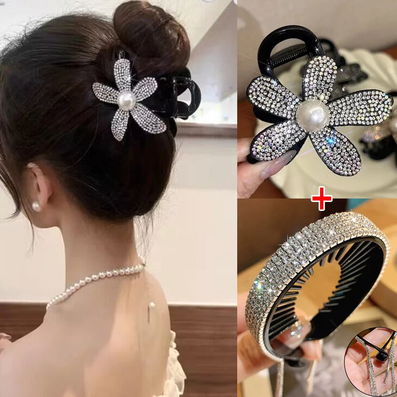 New Korean Rhinestone Hair Claw Clip Elegant Black Hair Crabs Hairgrips for Ladies Headwear Hair Accessories Ponytail Hair Clips