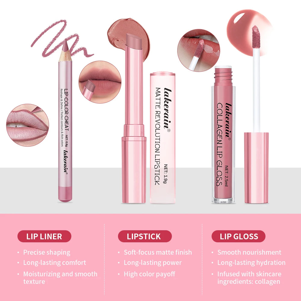 Lipliner&Lipstick Lip Gloss Set 3pcs/set Waterproof Long Lasting Lip Makeup Matte Travel Mini Set Women's Makeup Cosmetics