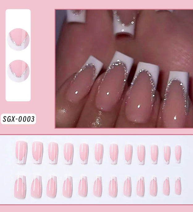 24Pcs Short Square Coffin False Nails French Glitter Wearable Fake Nails Acrylic Full Cover Women Ballet Press on Nails Tips