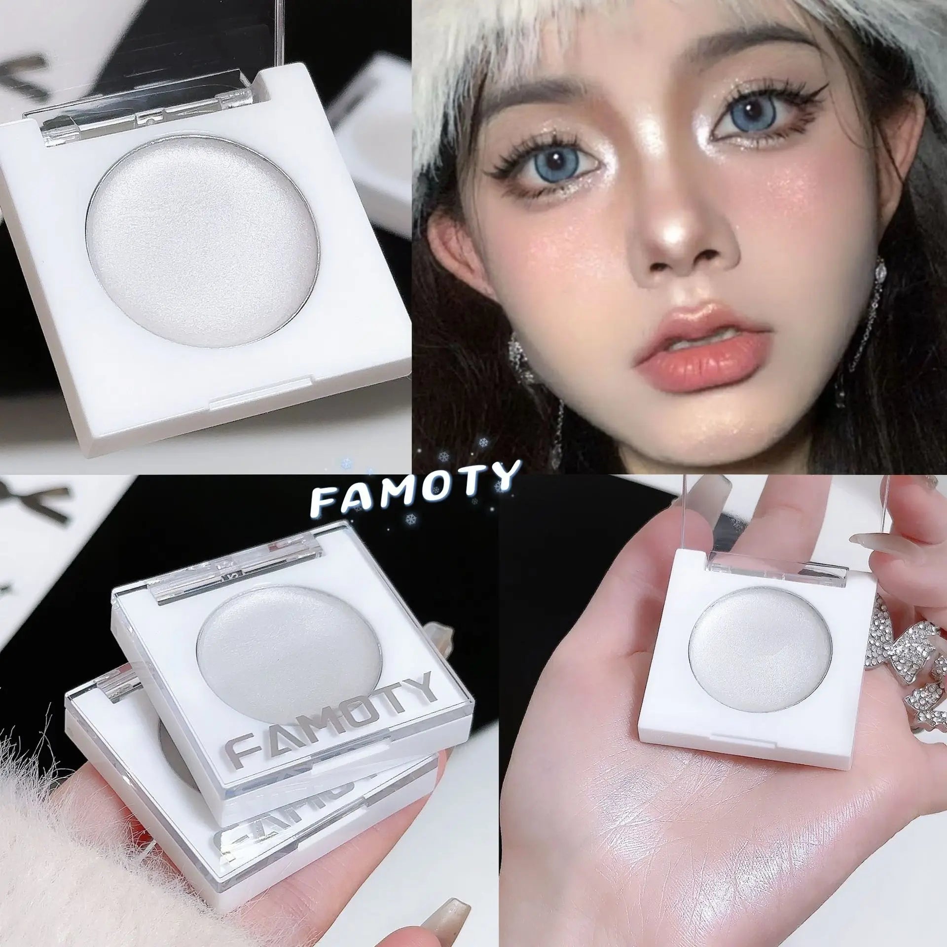 FAMOTY Multi-Use Cream Highlighter Balm – Pearlescent Shimmer Glow Stick for Face & Eyes. Dewy, Wet-Look Finish. (White/Pink