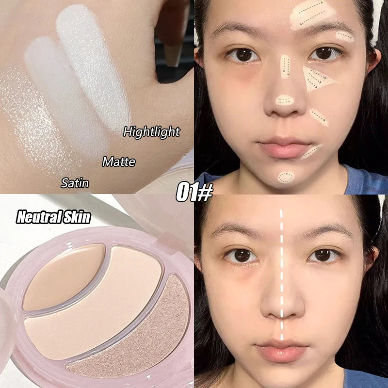 Highlighter Palette Pearlescent Matte 3-color Multi-use Mash Potato Facial Contour Powder Cream Natural 3D Face Brighten Makeup