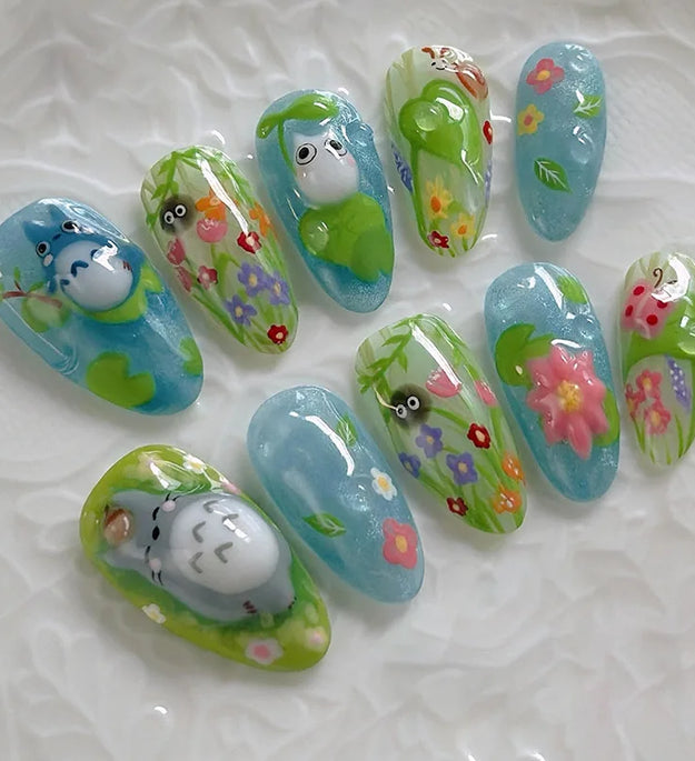 24PCS Wine Red Almond Press on Nails Cartoon Rabbit Bowknot with Plaid Pearl Designs French Fake Nails for Girls Detachable Nail