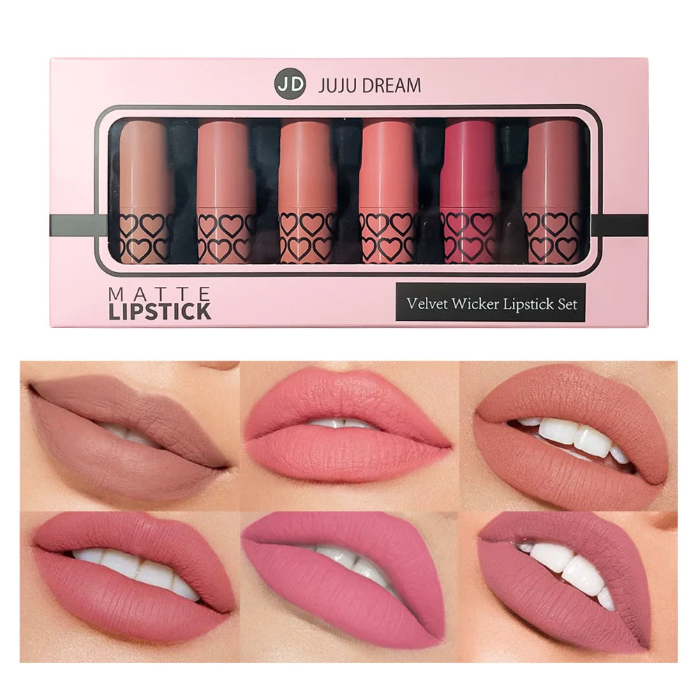 6 Colors Lipstick Set Matte & Glitter Velvet, Waterproof Long-Lasting, Easy Apply, Unisex Gift for Daily, Party, Xmas, Halloween
