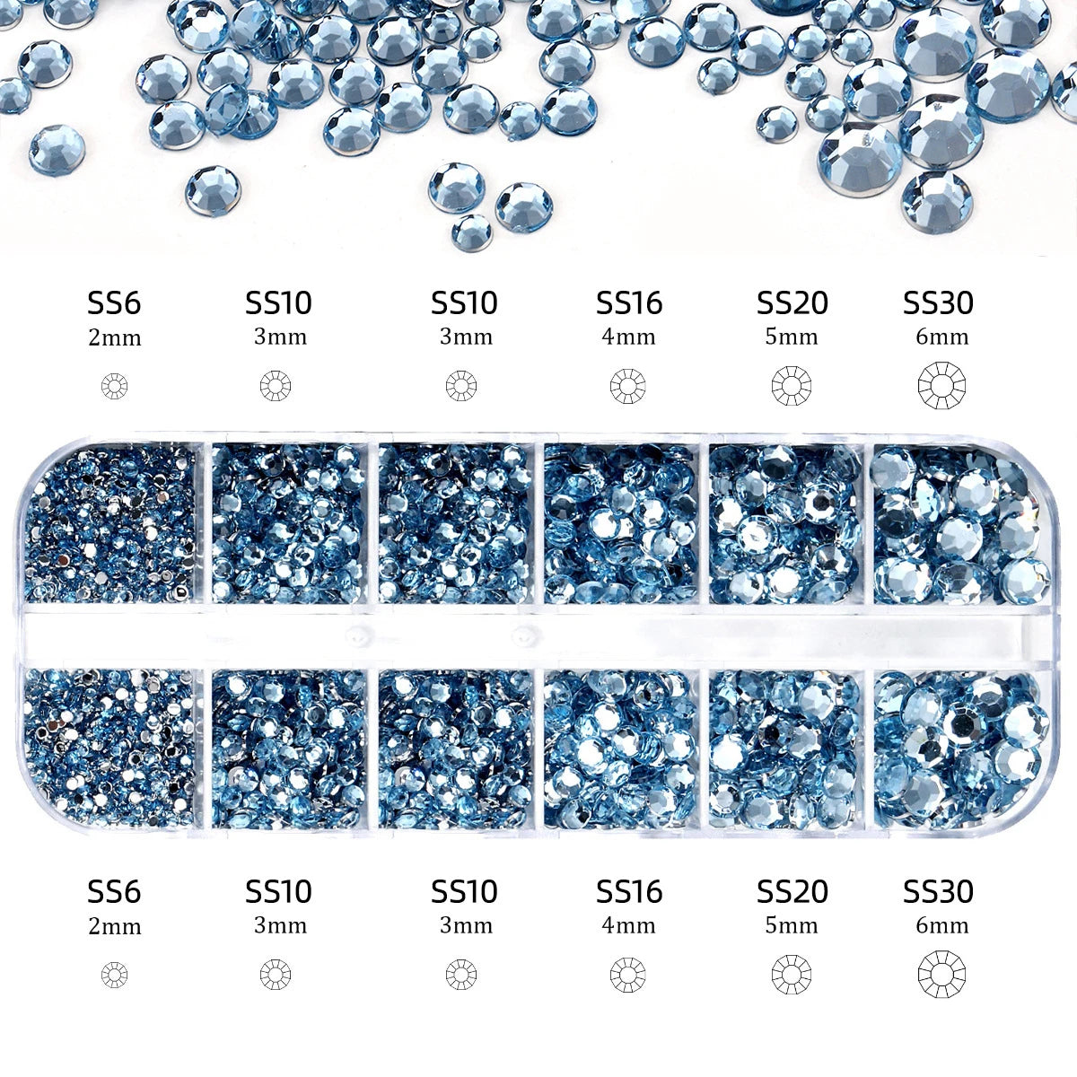 2400pcs+ Shiny Clear Crystal Gems Nail Rhinestones 1.5-4mm Mixed Round Glass Stone Flatback Nail Charms 12grids Nail Diamond DIY