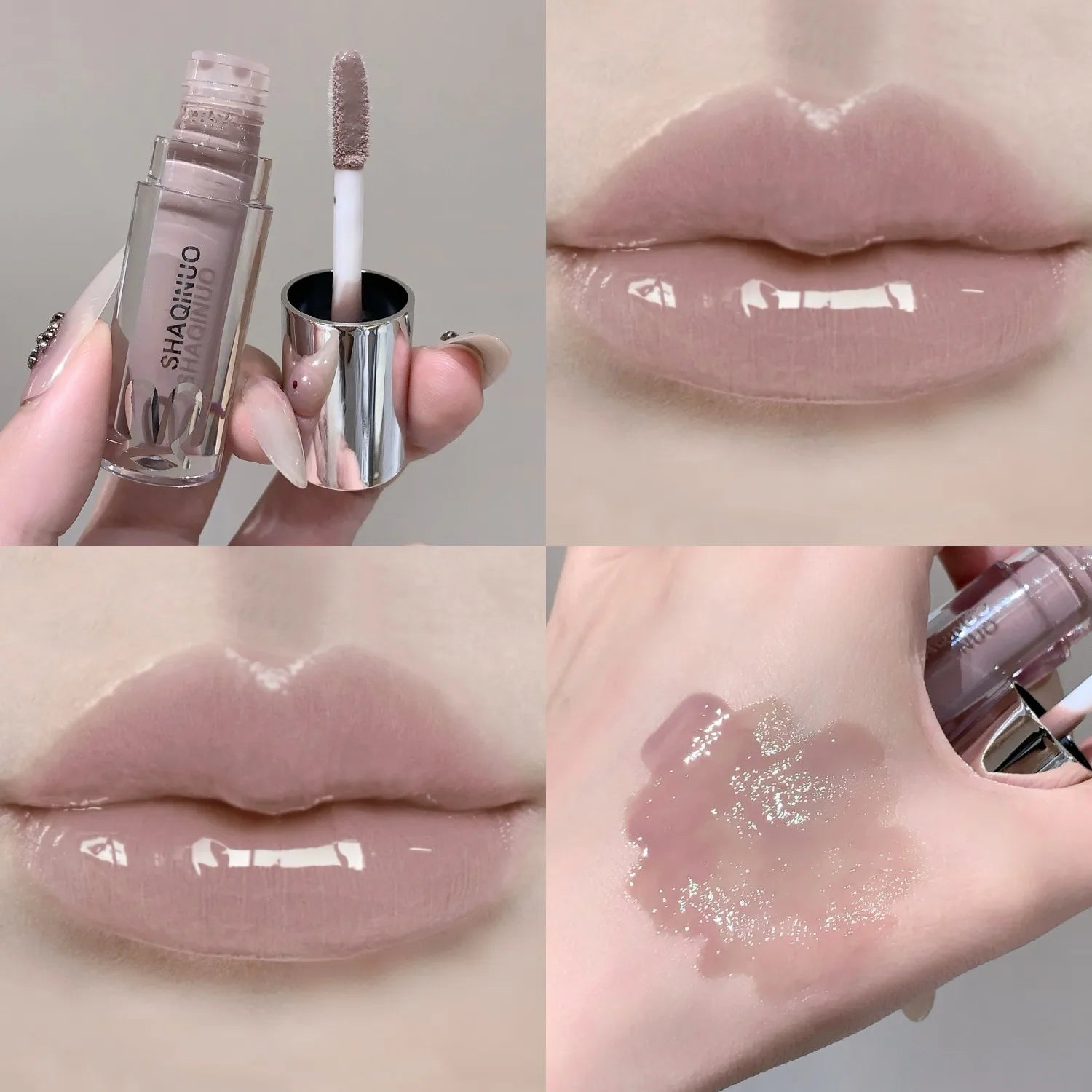 SHAQINUO Water Light Mirror Lip Gloss Lasting Moisturizing Cool Black Silver Gray Pearlescent Fine Sparkling Lipstick Lip Oil