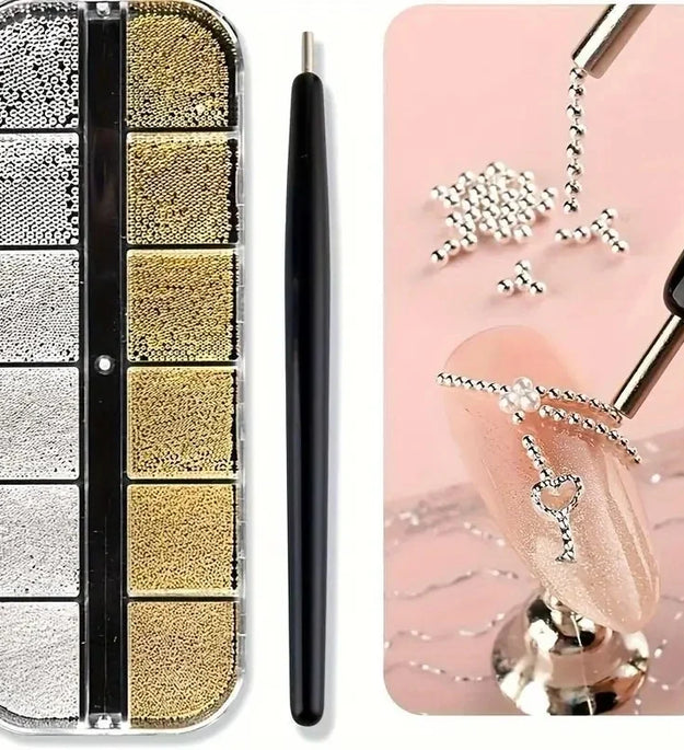 12Grids Mini Caviar Beads Nail Art Decorations Metal Gold/Silver Micro Ball Nail Charms Magnetic Pen 0.5~3mm Ball Nail Jewelry