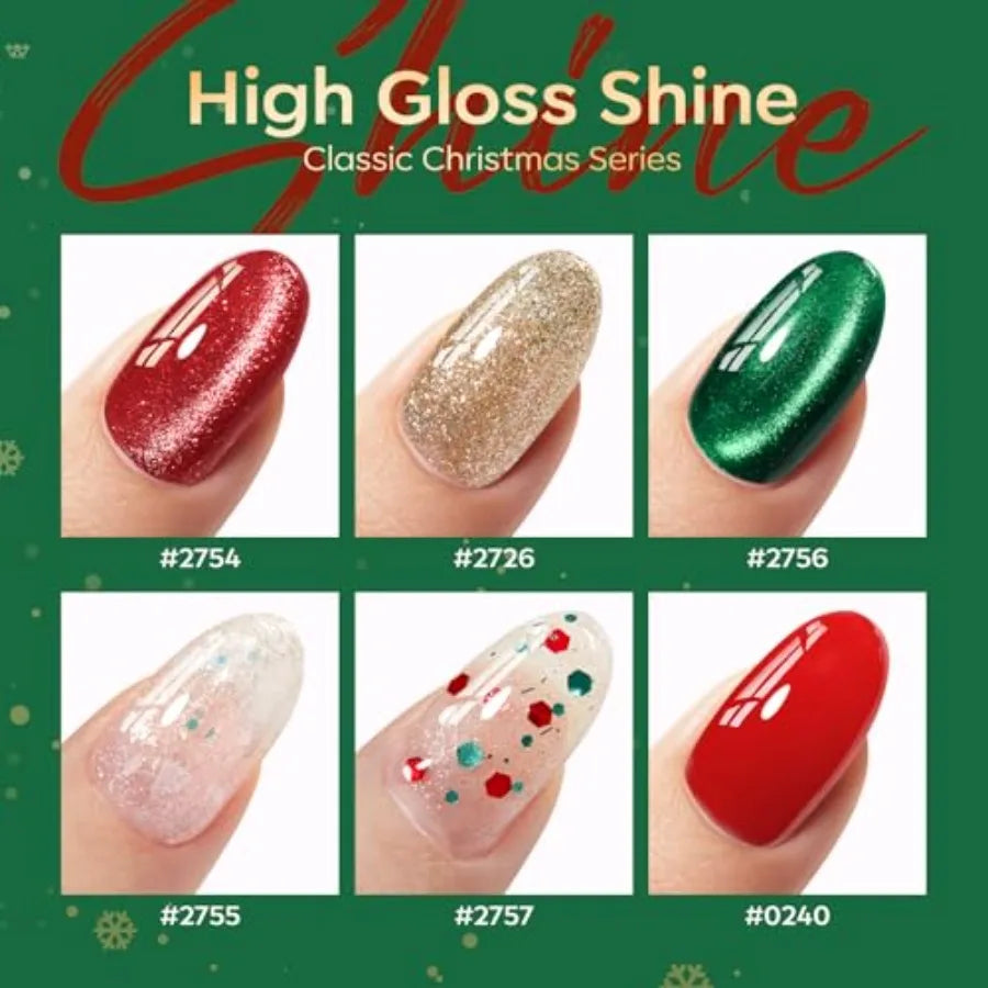 Christmas Gel Nail Polish Set 6 Colors Cat Eye Red Green Glitter Gold Silver Winter Gel Polish Kit with Magnet Nail Stickers So