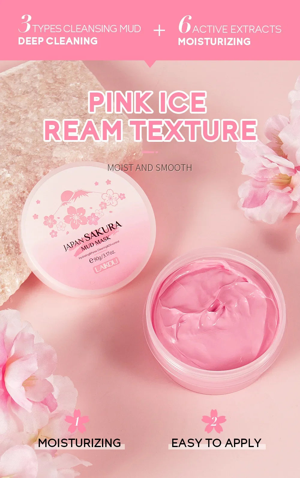 Laikou Sakura Mud Mask Deep Cleansing Oil Control Balance Antioxidan Shrink Pores Remove Blackheads Refreshing Facial Mask90/25g