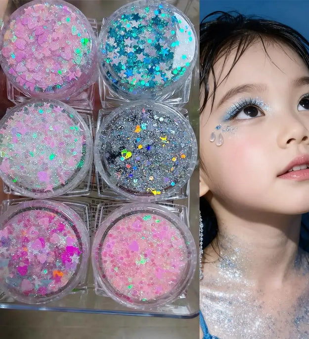 6Jars/Set Face Eye Body Hair Nail Glitter Sequins Sparkling Heart/Star/Hexagon Eyeshadow Flakes for Christmas Party Makeup Decor