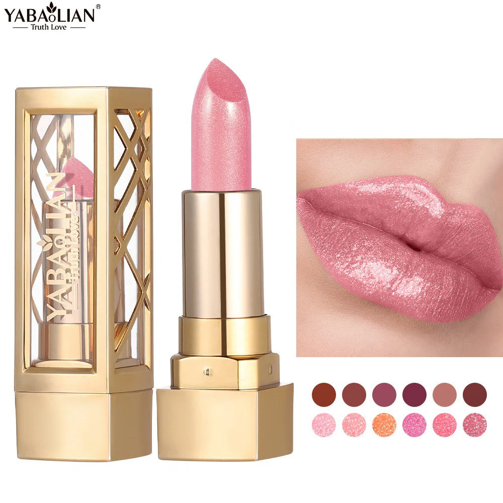 Hollow Carved Lipstick Pearlescent Glitter Velvet Shiny Red Brown Waterproof Lasting Nude Pink Luxurious Sparkling Lip Gloss