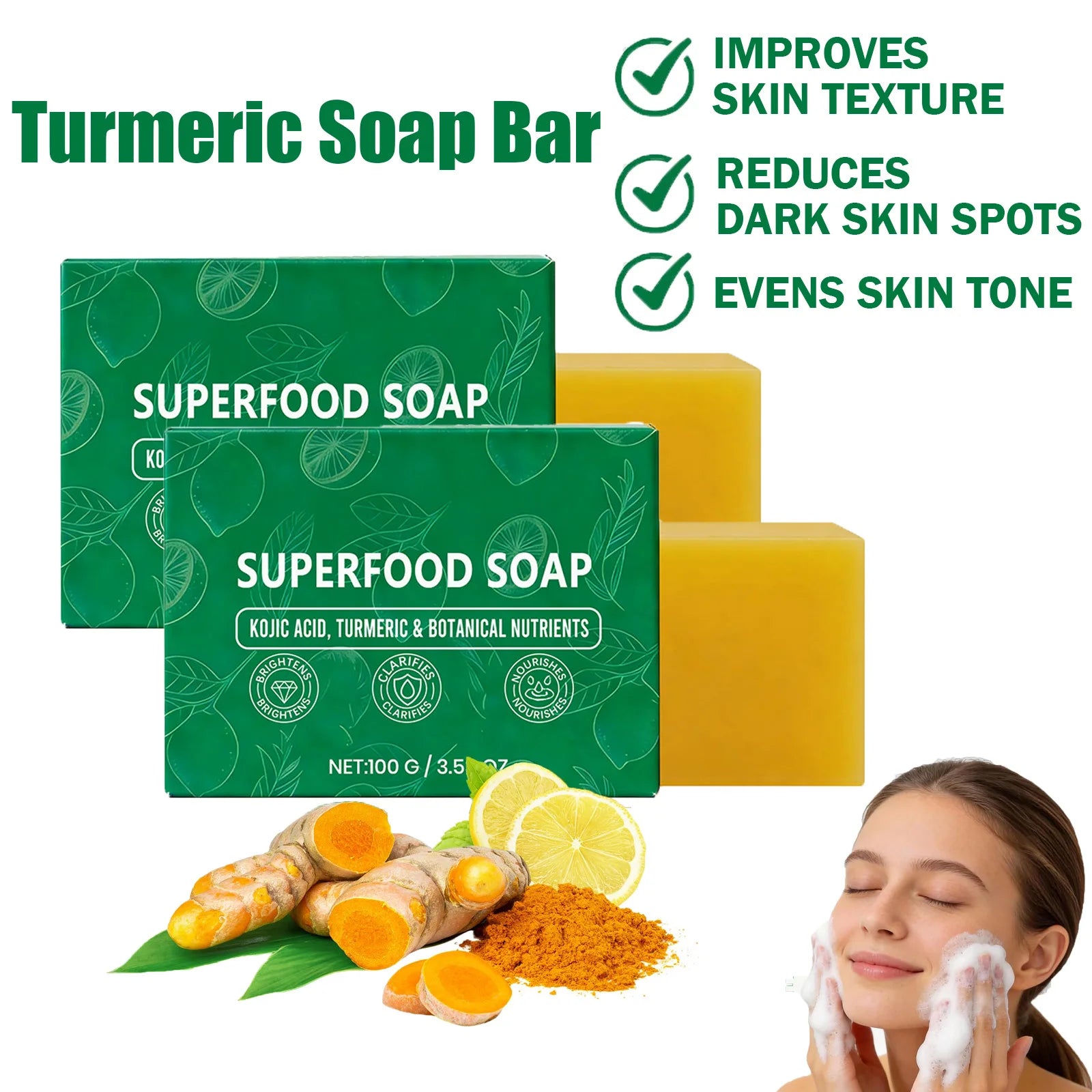 Natural Turmeric Soap for Face & Body Cleanser Handmade Superfood Soap Bar Moisturizing Brightening Skin Exfoliating Face Wash