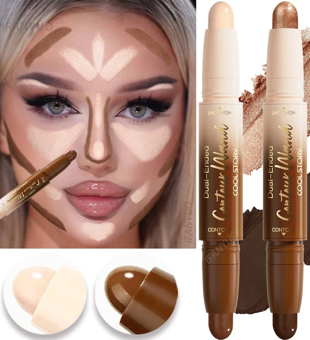 Contour Stick Double-Ended Highlight and Shadow Cream Waterproof Full Coverage Concealer Natural Finish Makeup for All Skin Tone