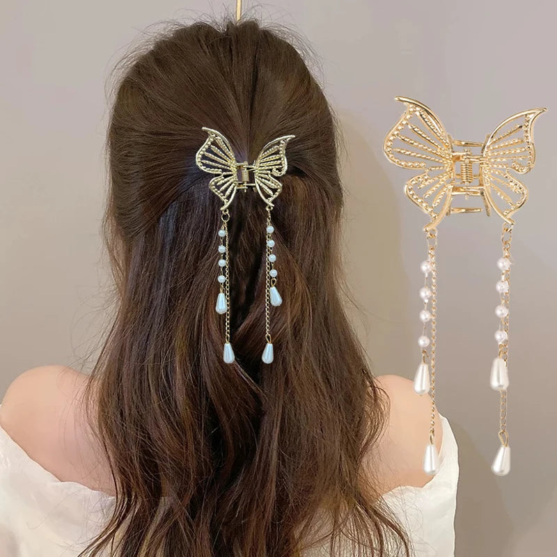 AWAYTR Shark Crab Clips Girls Hairpin Hair Accessories Korean Women Simple Hair Claw Clip Butterfly Pearl Tassel Hair Clip