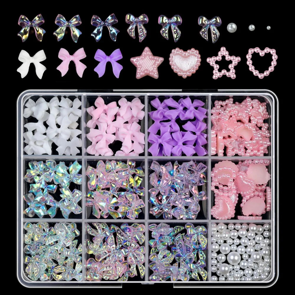 120pcs/box 3D Gold Bow Butterfly Nail Metal Charms Shiny Cute Bowtie/Diamond Star Nail Jewelry 120 Luxury Nail Art Supplies #RE4