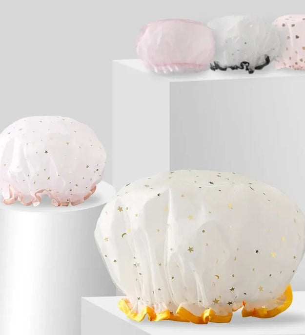 Double-layer Shower Cap Adult Ladies PVC Waterproof Bathing Hat Kitchen Oil-proof Bathroom Bathing Household Shower Cap