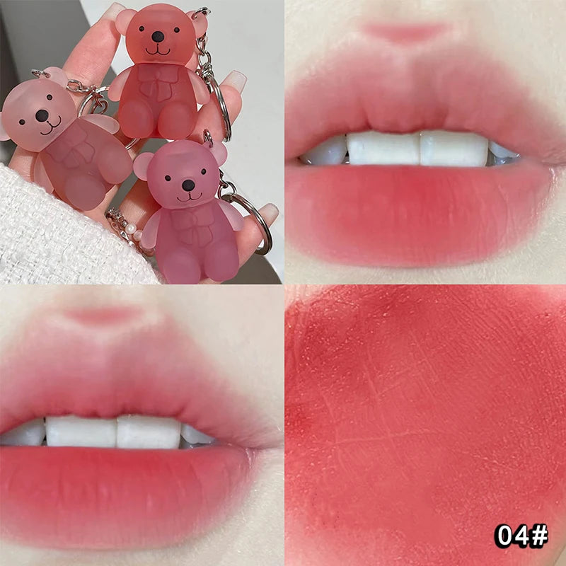 Cute Bear Keychain Velvet Mist Lip Glaze Waterproof Lasting Matte Lipstick Orange Lips Tint Women Dupes Korean Makeup Cosmetic