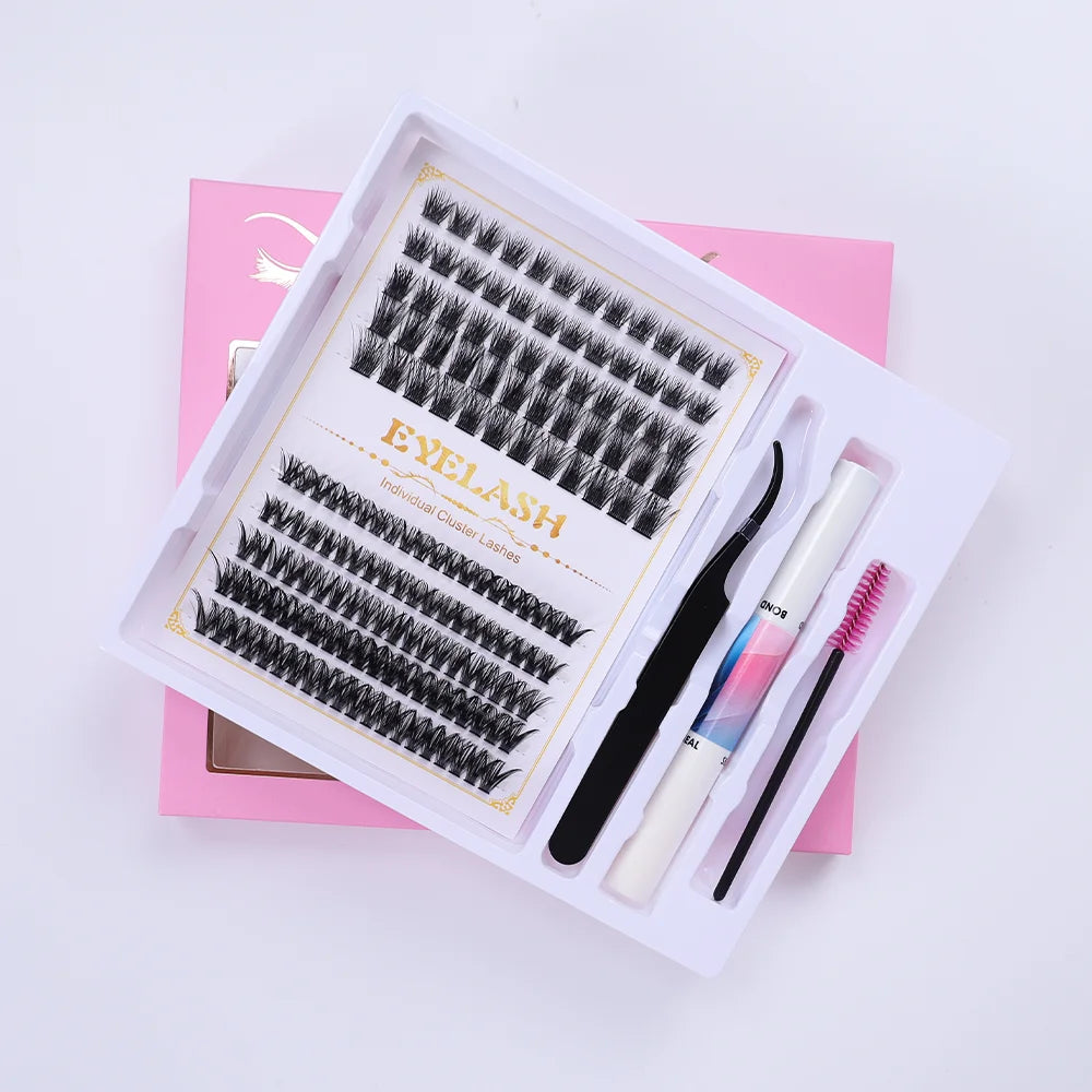 1 box of 160 DIY eyelash extension kit, containing 160 complete clusters of false eyelashes, packaged in a delicate gift box, in