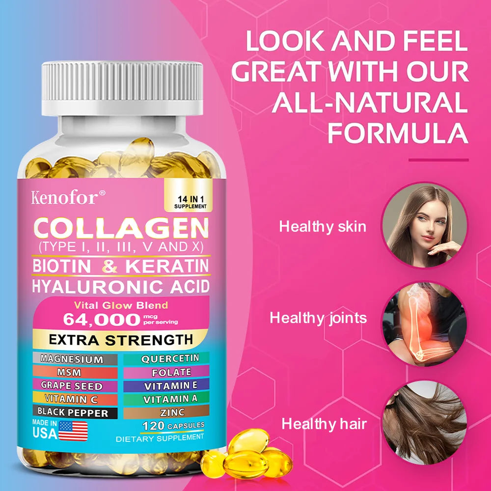 Kenofor Collagen 1000mg with Biotin 10,000mcg, Keratin Hyaluronic Acid Vitamin C Healthy Formula Dietary Supplement Gluten Free