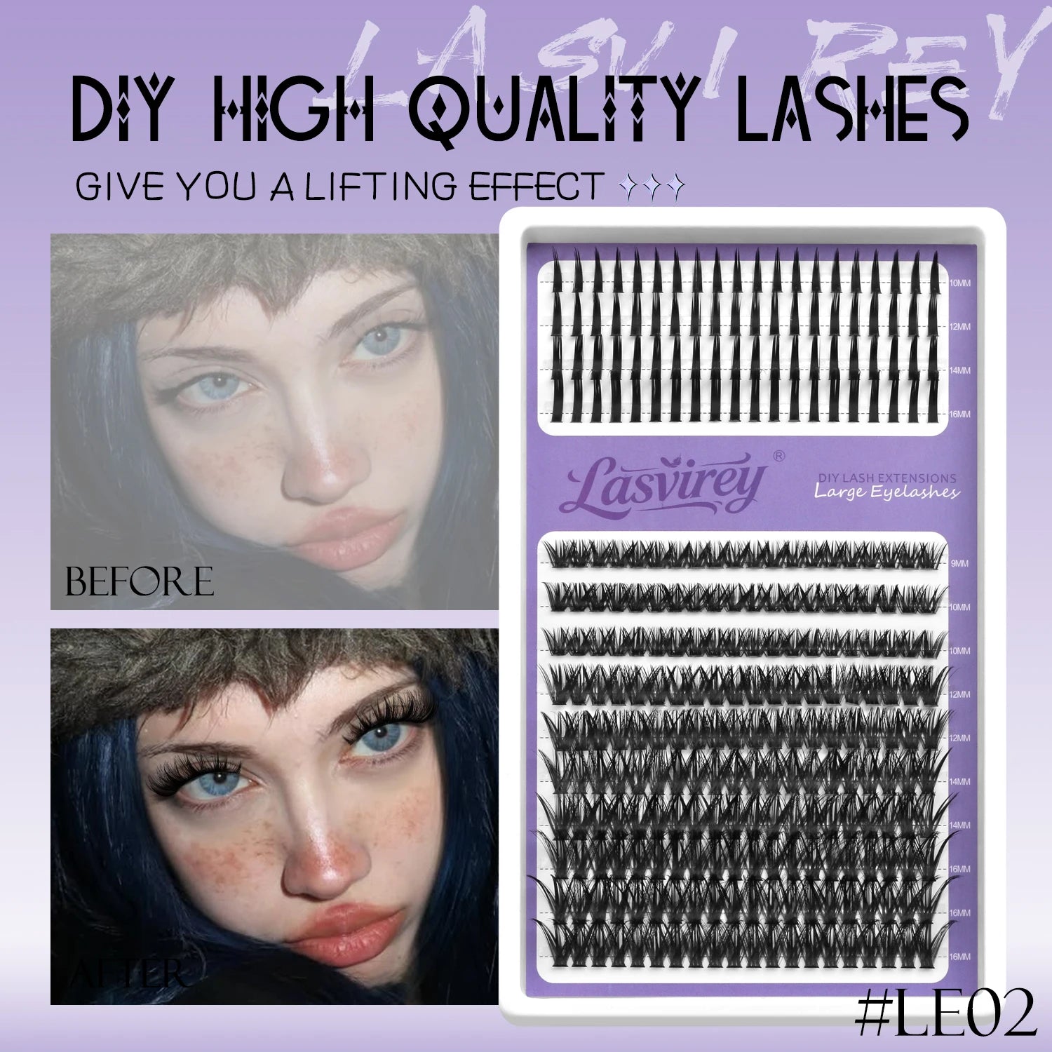 LASVIREY Fluffy Lash Clusters DIY Spiky Cluster Lashes Mixed Tray Individual Lashes Extension Natural Thick Faux Mink Lashes