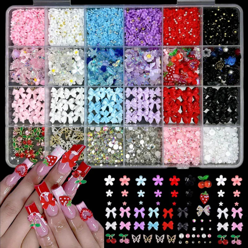 Mixed Nail Art Charms Set with Ribbons, Bows, Flowers, Cherry, Strawberry & Metal Butterflies - DIY Nail Decorations Accessories