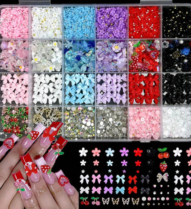 Mixed Nail Art Charms Set with Ribbons, Bows, Flowers, Cherry, Strawberry & Metal Butterflies - DIY Nail Decorations Accessories