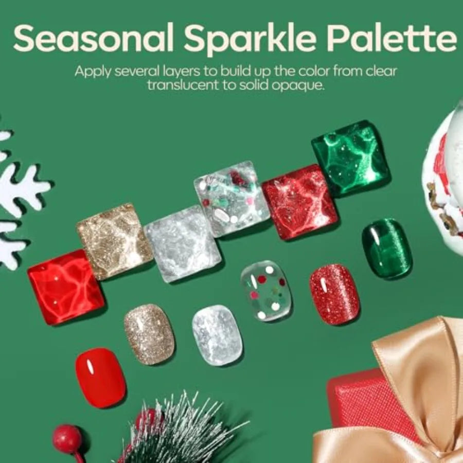 Christmas Gel Nail Polish Set 6 Colors Cat Eye Red Green Glitter Gold Silver Winter Gel Polish Kit with Magnet Nail Stickers So