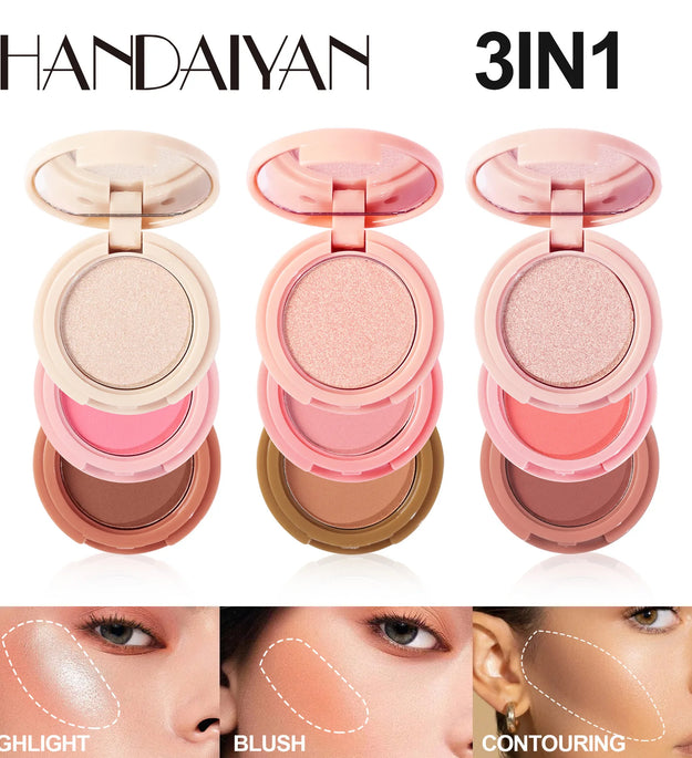 3-In-1 Face Bronzer Highlighter Makeup Palette Matte Pearlescent Blush Contouring Shadow Brighten Three-layer All-in-one Palette