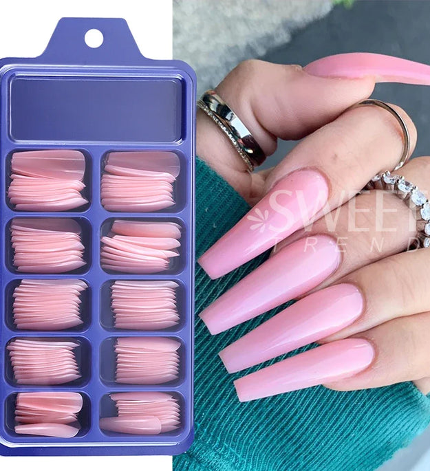 100pcs Nude Pink False Nail Press On Nails Acrylic Extension Coffin Forms Nail Tips Artificial Long Full Cover Fingernails Tools
