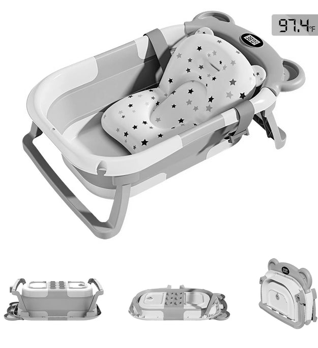 Portable Travel Bathtub, Collapsible Baby Bathtub, with Thermometer &1Soft Floating Cushion, with Drain Hole,For Baby 0-36 Month