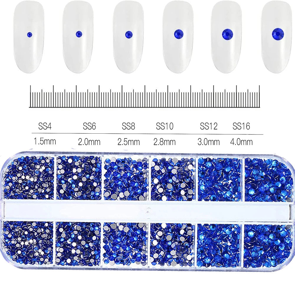 2400pcs+ Shiny Clear Crystal Gems Nail Rhinestones 1.5-4mm Mixed Round Glass Stone Flatback Nail Charms 12grids Nail Diamond DIY