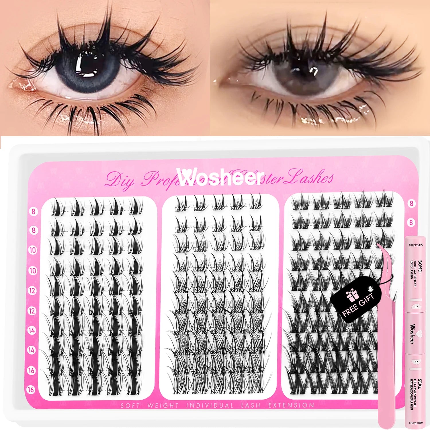 WOSHEER Manga Lash Clusters Kit Cat Lashes with Lash Bond & Seal Cluster Eyelash Extensions Mixed Tray Eyelash Clusters Kit