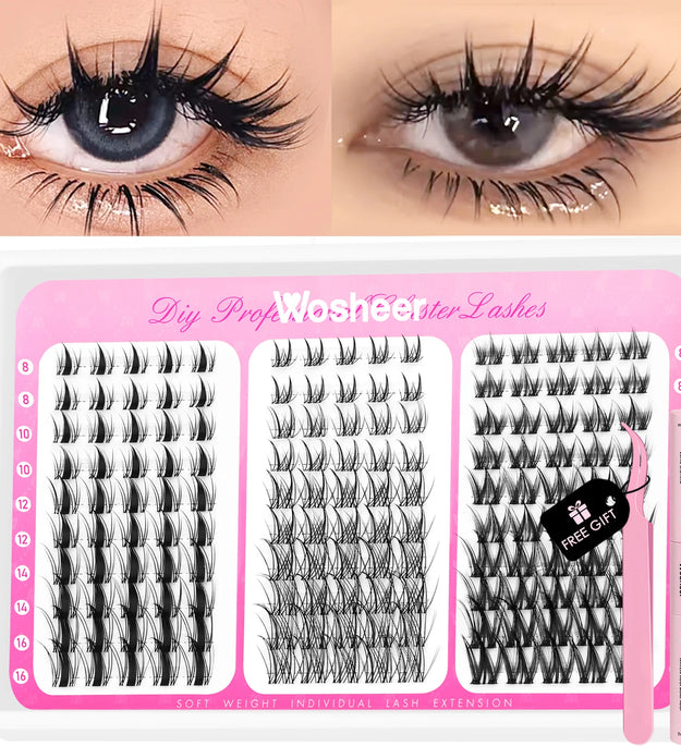 WOSHEER Manga Lash Clusters Kit Cat Lashes with Lash Bond & Seal Cluster Eyelash Extensions Mixed Tray Eyelash Clusters Kit