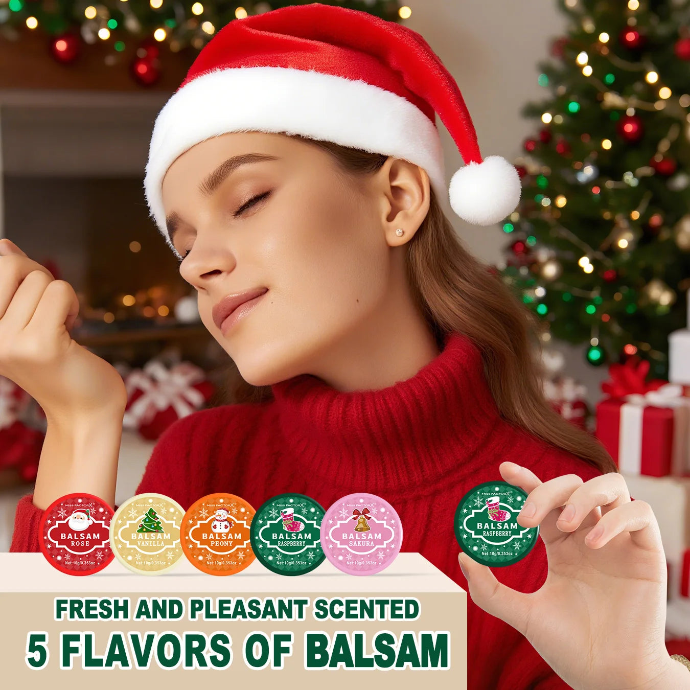 Christmas assembly gift set -5 sets, including balm, hand cream, lipstick, red gauze bag, Christmas tree thank you card