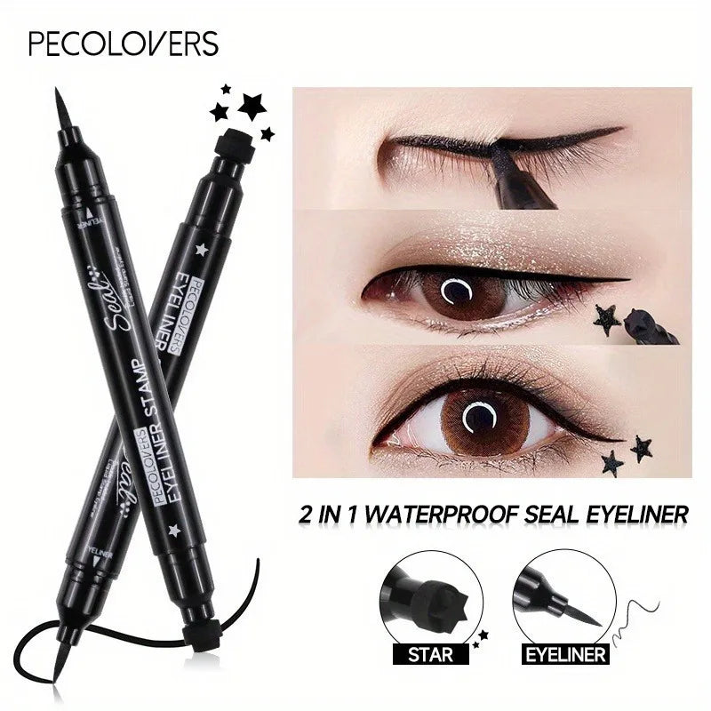 2 In 1 Black Liquid Eyeliner Double-head Moon Stamp Eye Liner Pencil Quick Dry Non-Smudge Long-lasting Easy to Use Eye Makeup