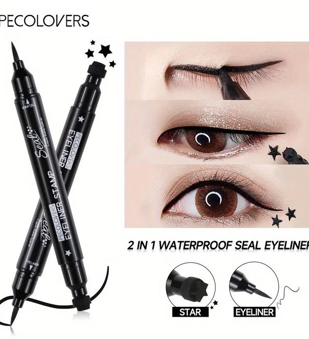 2 In 1 Black Liquid Eyeliner Double-head Moon Stamp Eye Liner Pencil Quick Dry Non-Smudge Long-lasting Easy to Use Eye Makeup