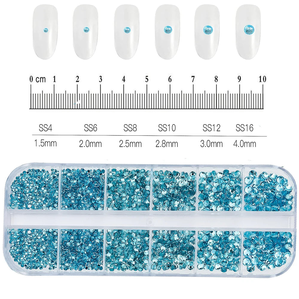 12Grids SS6-SS30 Mixed Nail Rhinestones Shiny Clear/Gold/Pink/Blue Diamond Flat-back Nail Gems Glass Stones Nails Decoration