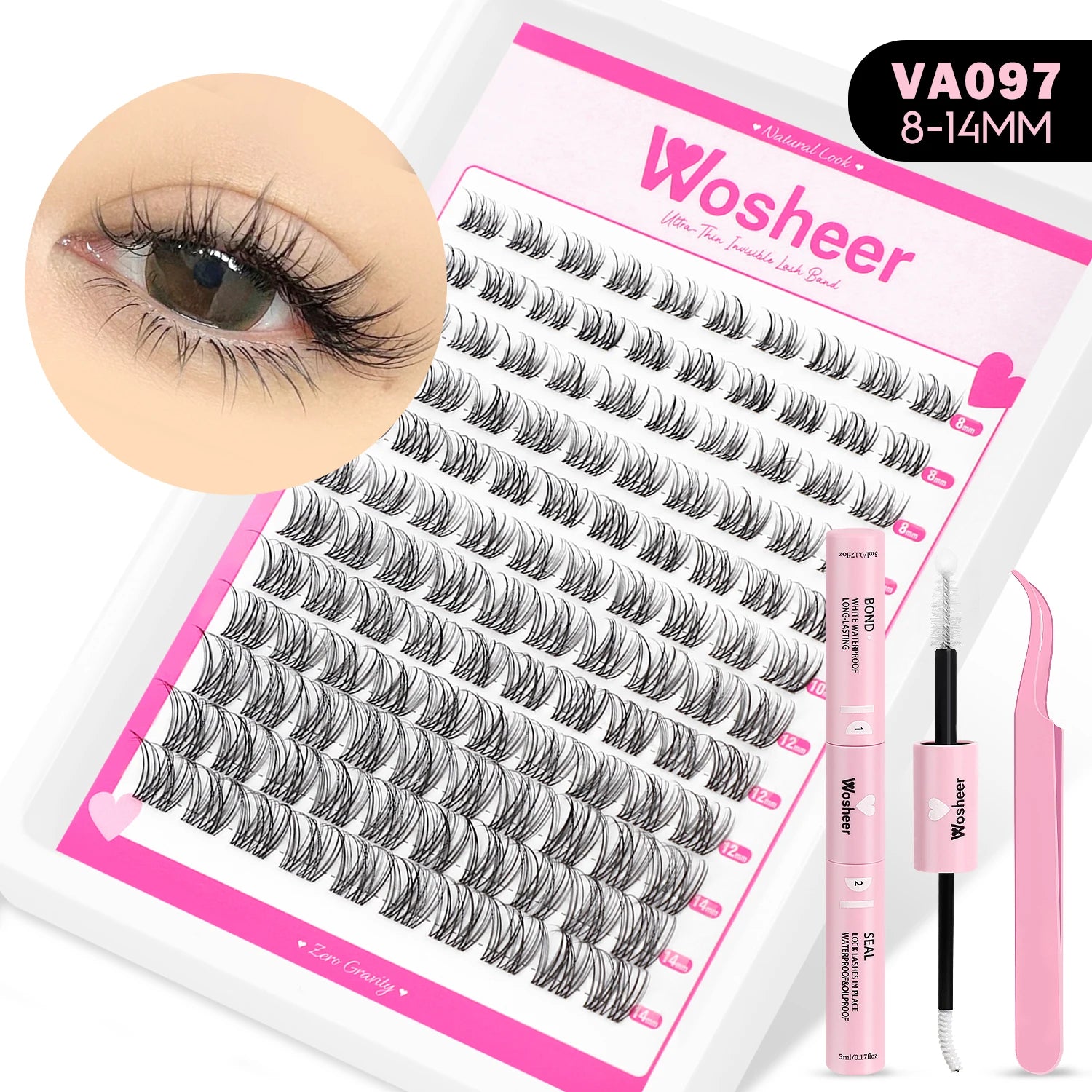 WOSHEER Manga Lash Clusters Kit Cat Lashes with Lash Bond & Seal Cluster Eyelash Extensions Mixed Tray Eyelash Clusters Kit