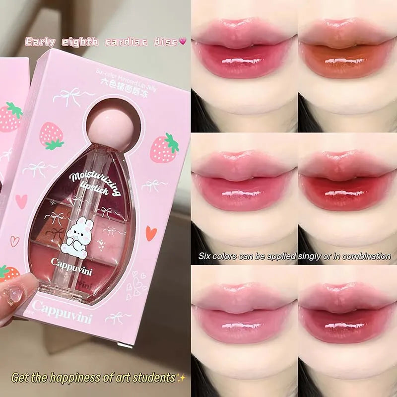 Six-color Strawberry Mirror Jelly Lipstick Palette Juicy Pink Solid Lip Gloss Set Moisturizing Lip Oil Tint with Silicone Brush