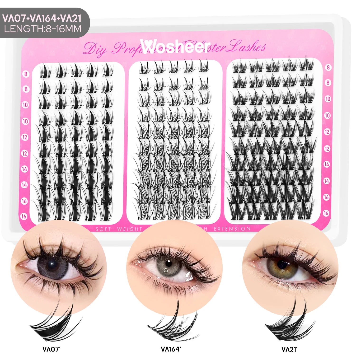 WOSHEER Manga Lash Clusters Kit Cat Lashes with Lash Bond & Seal Cluster Eyelash Extensions Mixed Tray Eyelash Clusters Kit