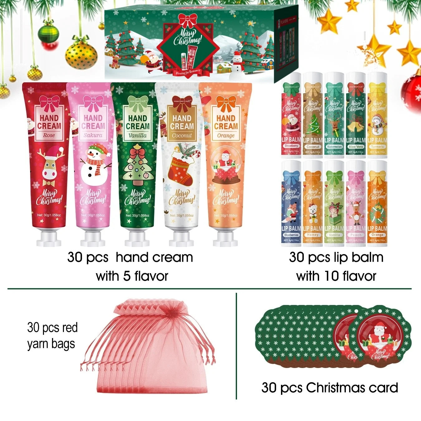 Christmas gift set distribution 120PCS/box in bulk, lip balm in bulk, hand cream in bulk, Christmas cards, gift gauze bags
